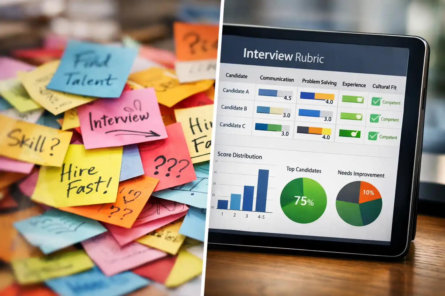 A visual transition from messy sticky notes to a structured digital hiring rubric, representing startup hiring evolution.