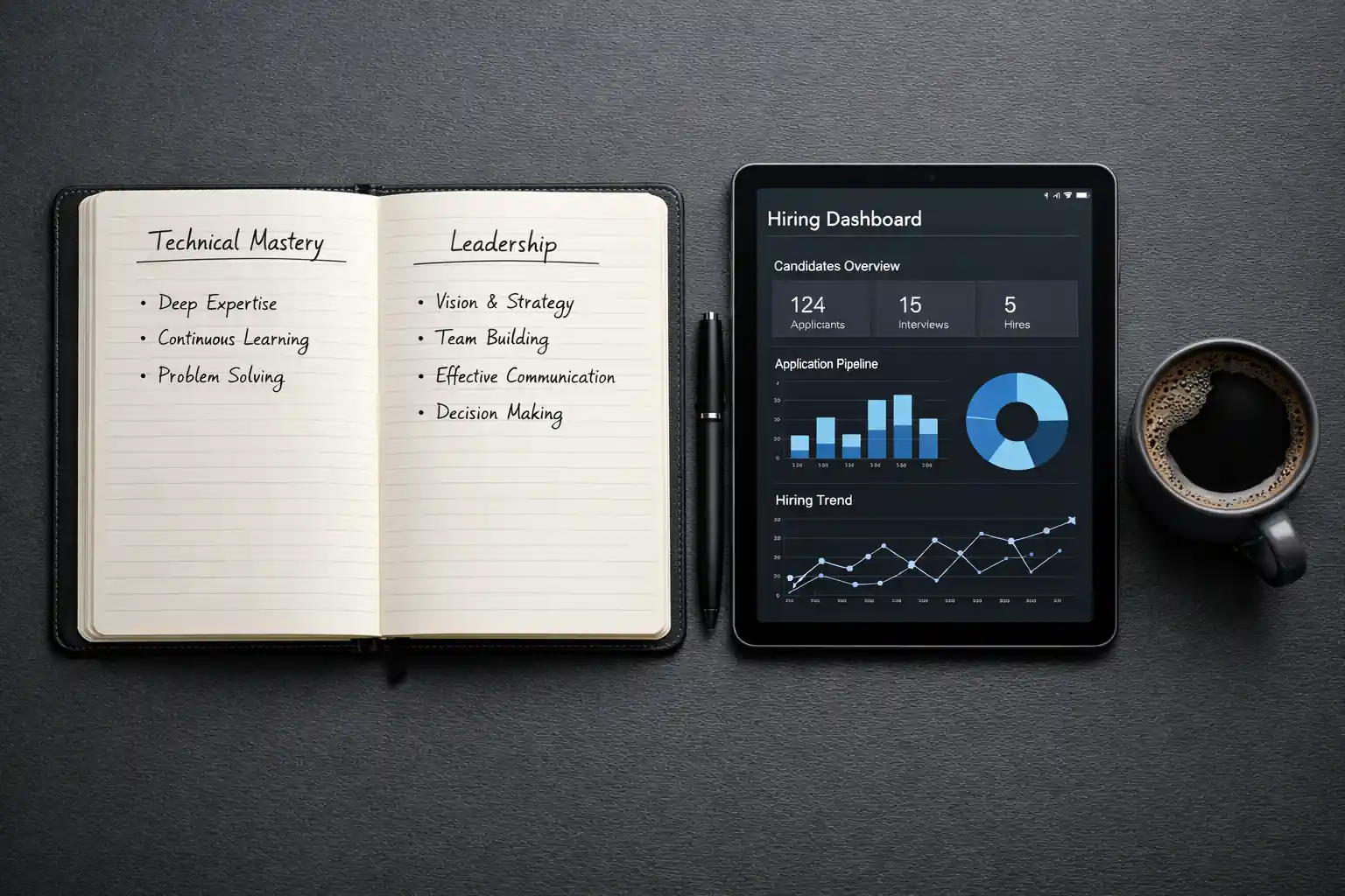 A clean workspace with a notebook outlining specific interview competencies for panel alignment.