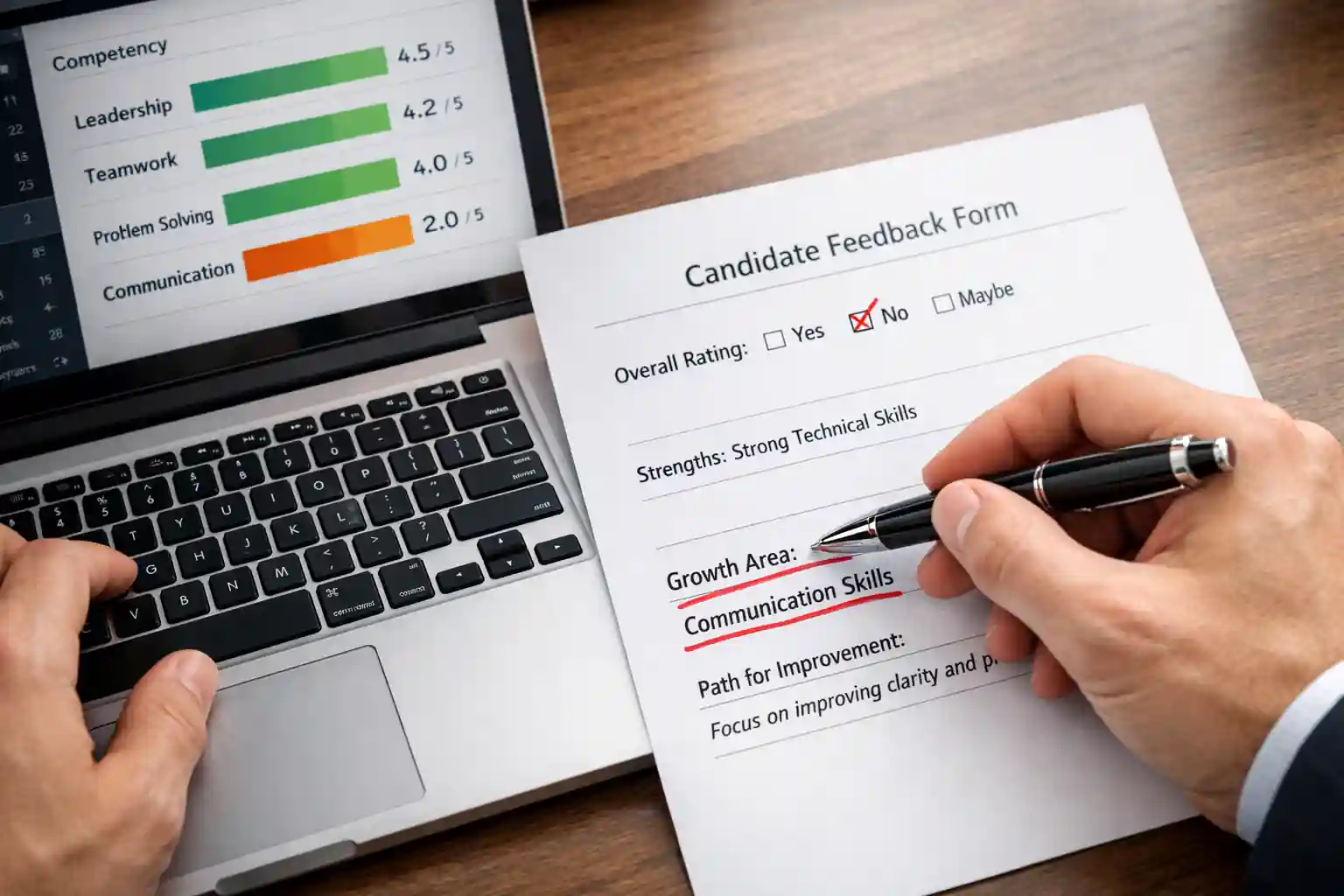 A close-up of a feedback form being filled out with specific competency notes to help a candidate grow.