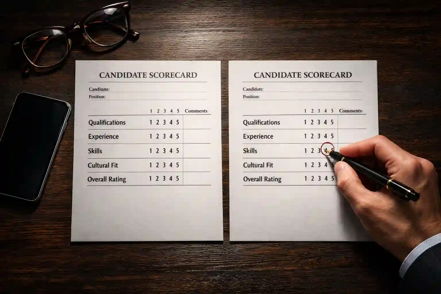 Side-by-side candidate scorecards on a desk, illustrating the objective comparison enabled by structured interviews.