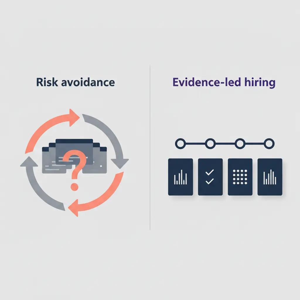 A hiring team reviewing structured interview evidence together to move from uncertainty to a clearer decision.