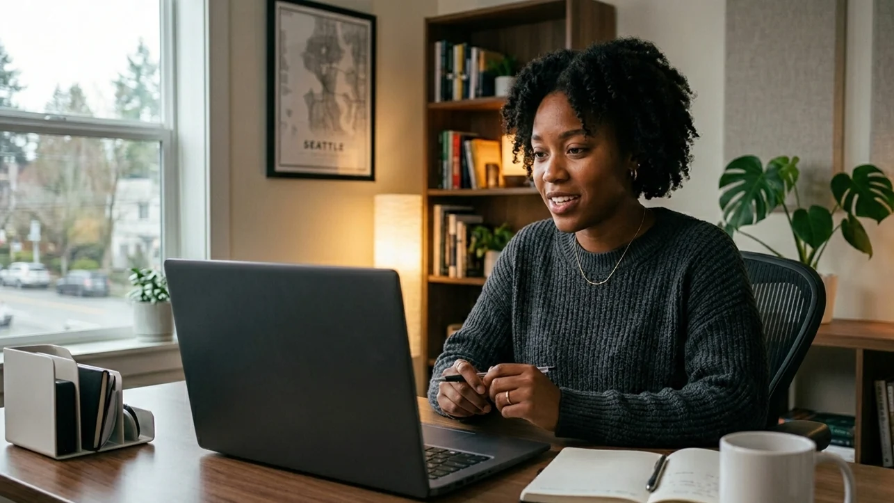 Candidate in a home office engaging in a fair, structured online interview supported by Maslow