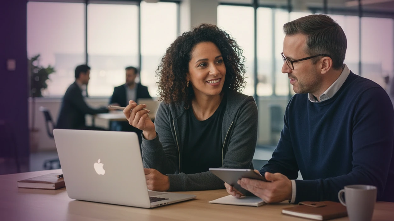 Two talent acquisition leaders in a modern office collaborating over an Apple MacBook and tablet, illustrating a professional, evidence-led interview strategy session.