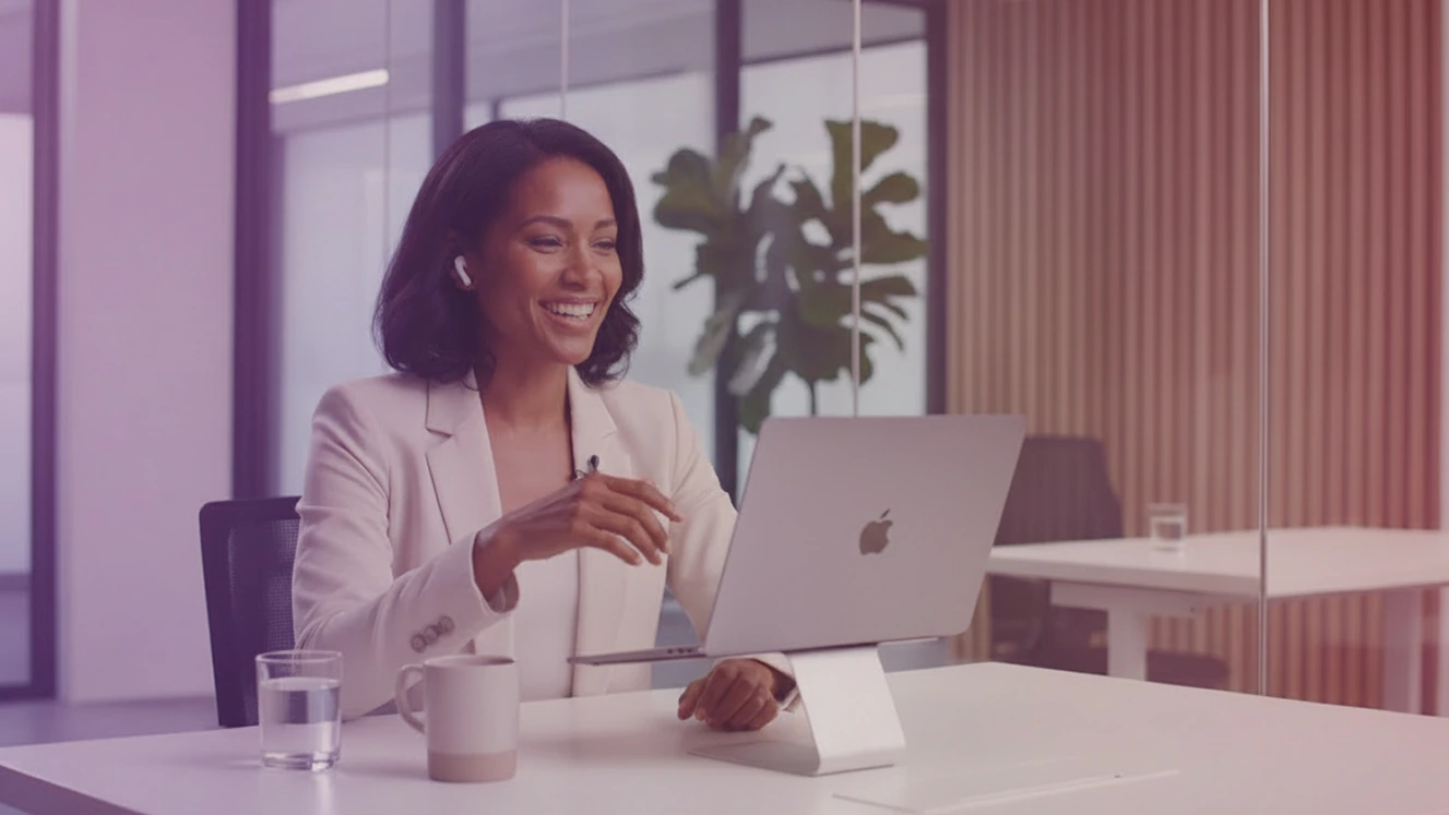 Professional interviewer conducting a high-quality, repeatable remote interview using Maslow's structured platform in a clean, modern startup office environment.