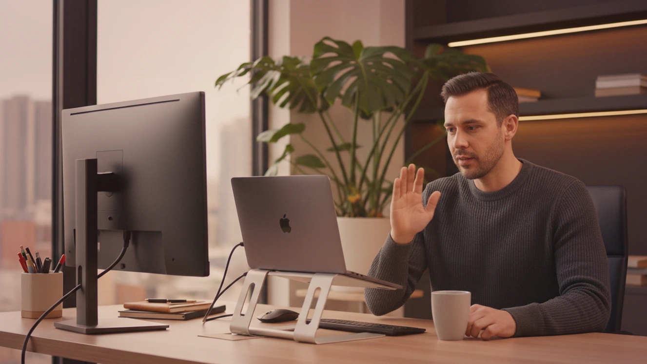 Professional interviewer utilising Maslow to provide a fair candidate experience through structured, unbiased remote sessions in a calm, modern environment.