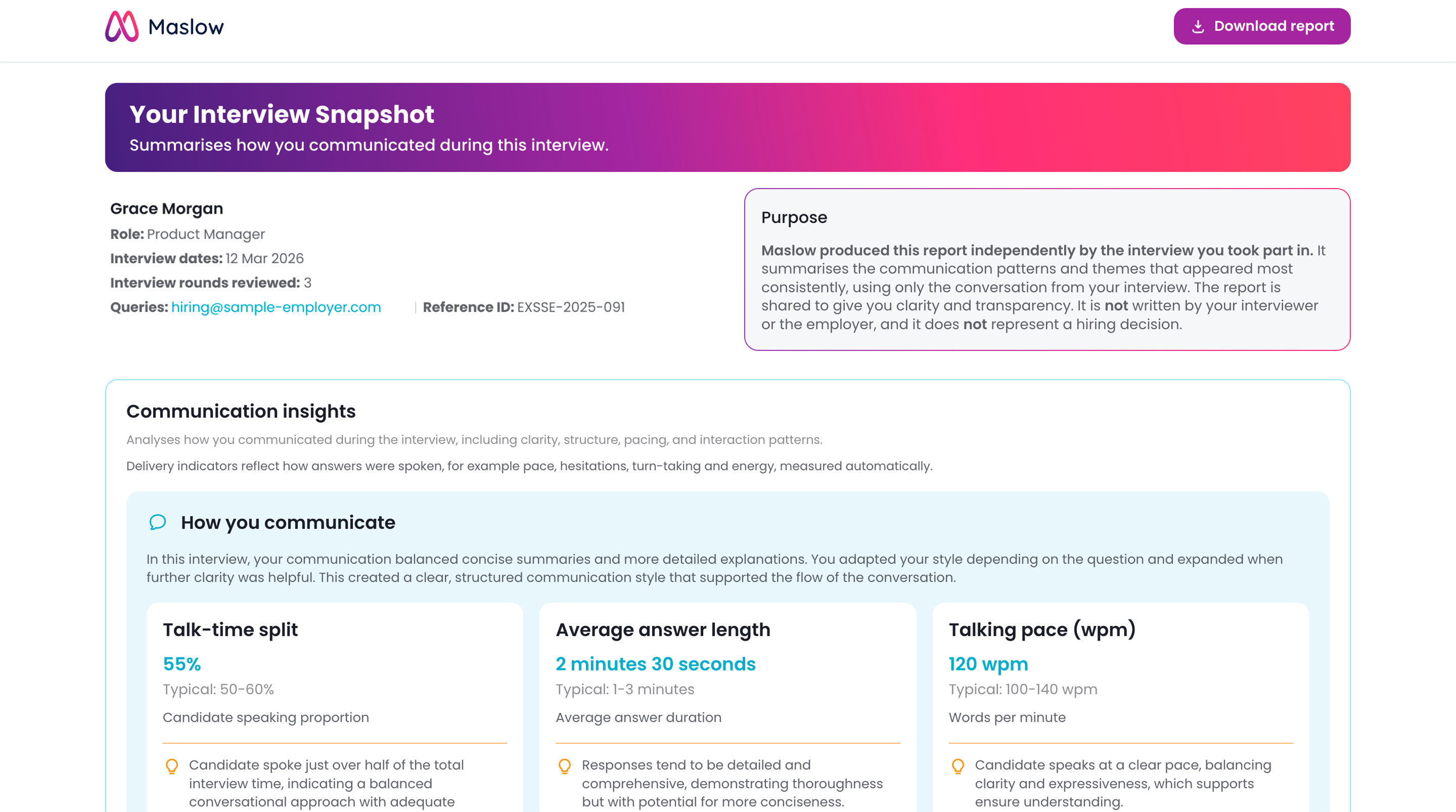 Comprehensive Maslow Interview Snapshot report sent to candidate showing communication patterns and performance themes.