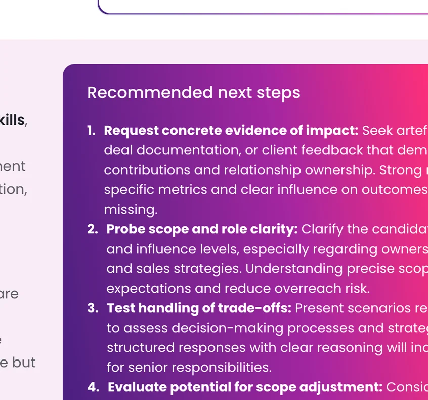 Close-up of recommended next steps and risk assessment within a Maslow candidate decision report