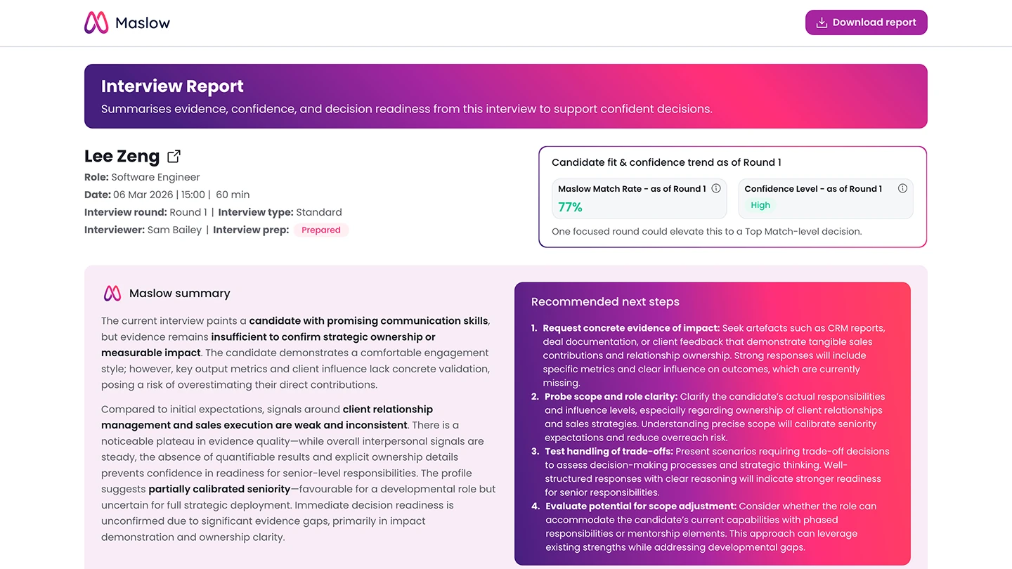 Comprehensive Maslow interview report showing candidate summary, confidence trends, and recommended next steps