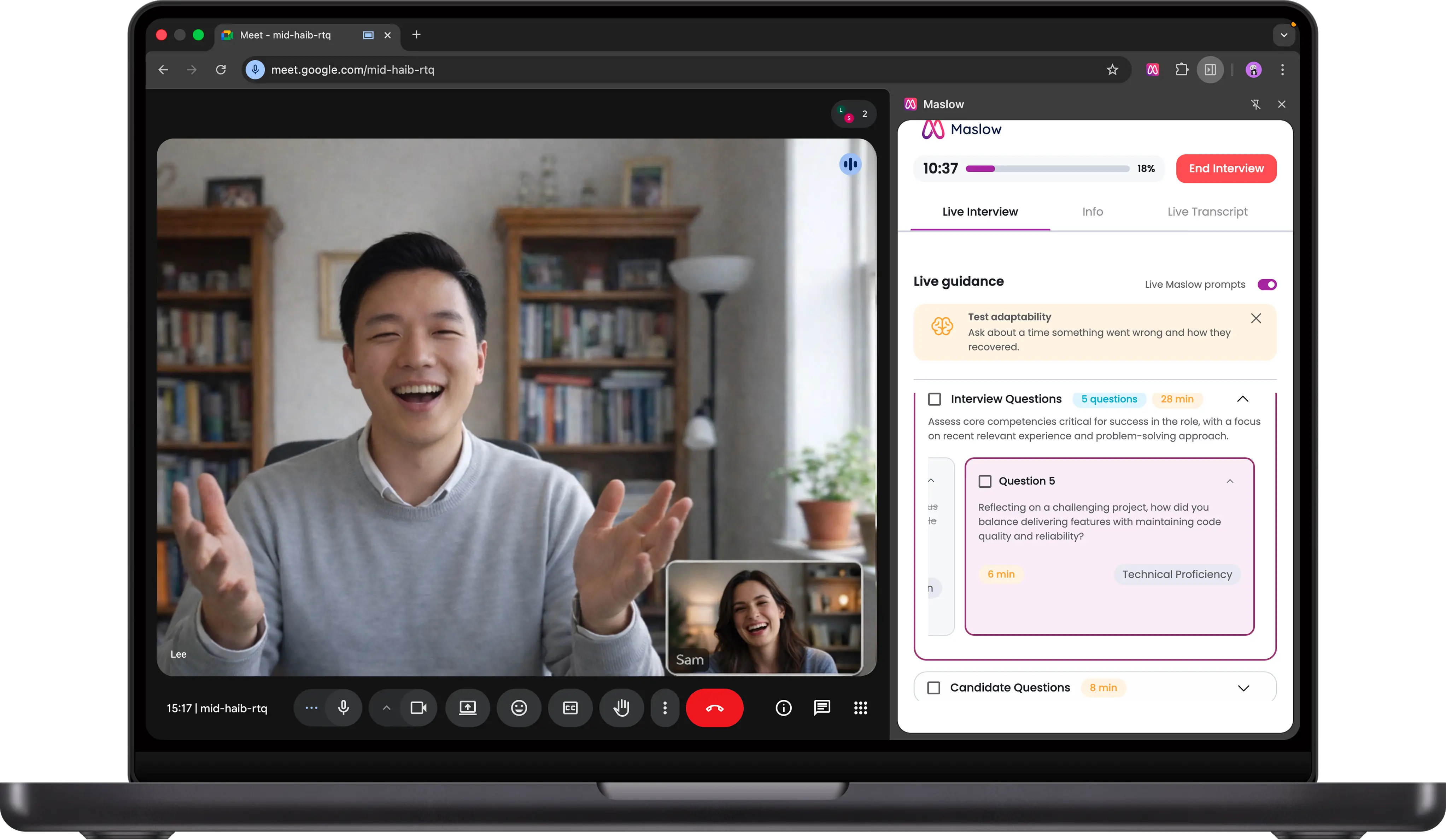 Maslow extension providing real-time interview questions and live guidance prompts during a interview on Google Meet.