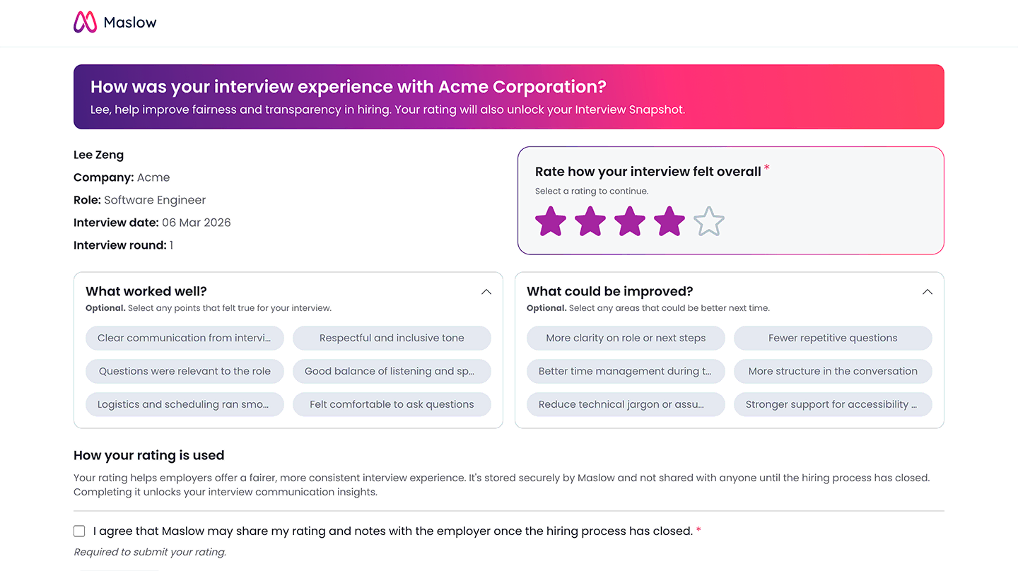 Candidate survey interface on Maslow with star rating and feedback chips