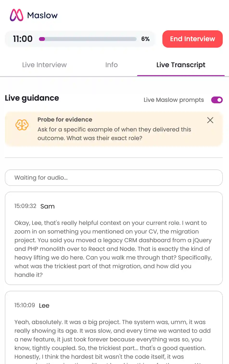 Maslow live interview extension showing the live transcript tab