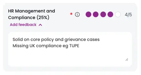 Interviewer assessment of HR compliance with a 4-star rating and evidence-based notes